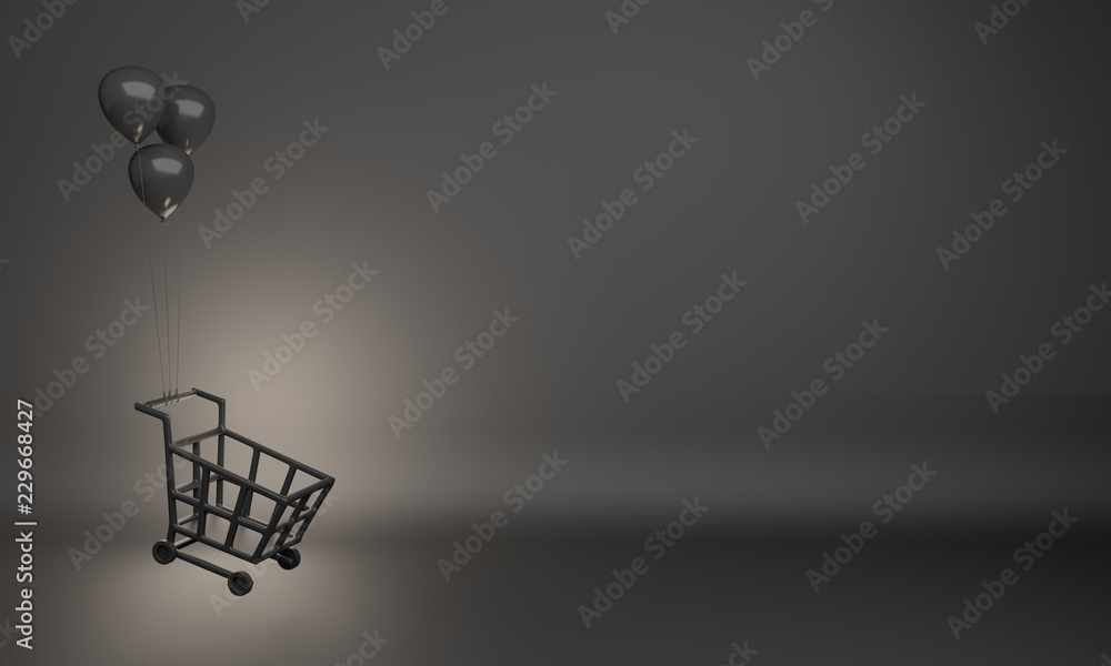 Flying black basket trolley cart, and balloon in the studio lighting, copy space, Design creative concept for black friday sale event. 3D rendering illustration.