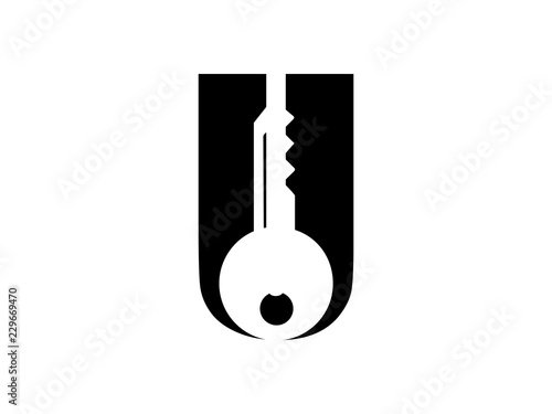 Initial Letter U with key black and white Design Logo. Graphic Branding Letter Element.