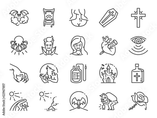 Vampire line icon set. Included icons as monster, blood, fang, undead and more.