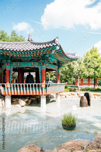 Korean traditional pavilion and pond at Gyeongsang-gamyeong park in Daegu, Korea photo