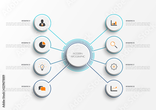 Vector infographic template with 3D paper label, integrated circles. Business concept with 8 options. For content, diagram, flowchart, steps, parts, timeline infographics, workflow, chart.