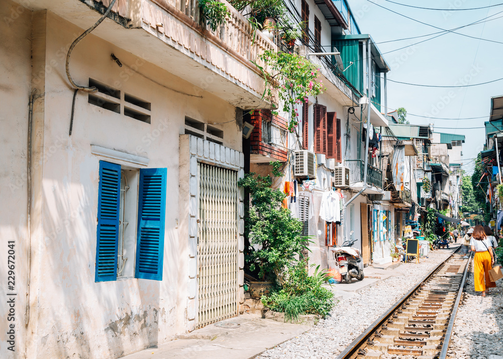 Hanoi train street, old house and railroad in Hanoi, Vietnam