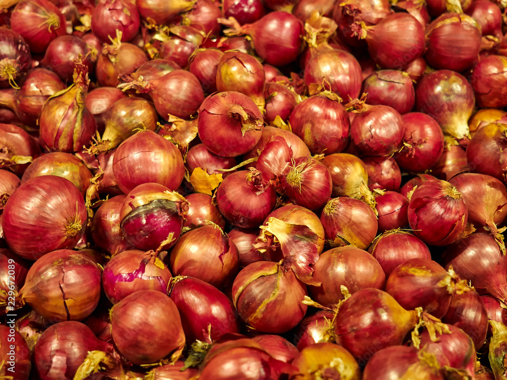 A lot of onions in container before packing for sale A lot of onions in container before packing for sale