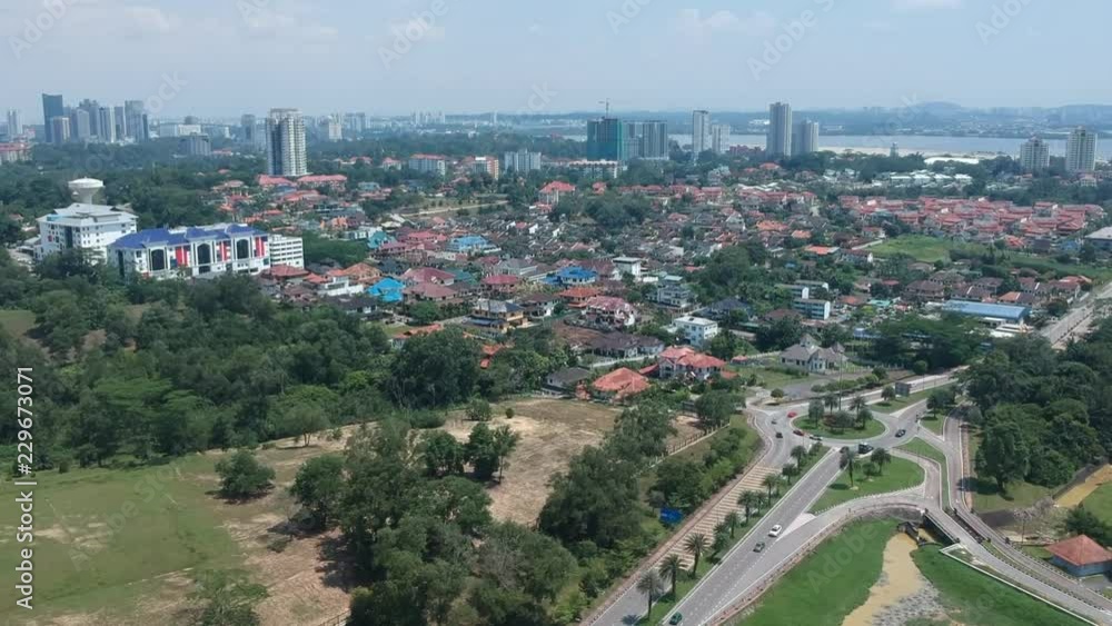 City scape of Johor Bahru facing Singapore water. Johor Bahru city