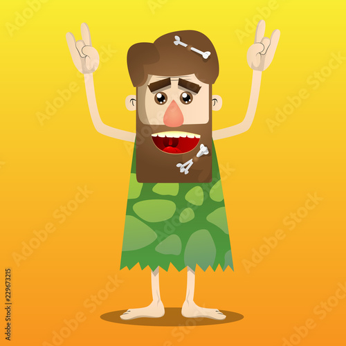 Cartoon caveman with hands in rocker pose. Vector illustration of a man from the stone age.