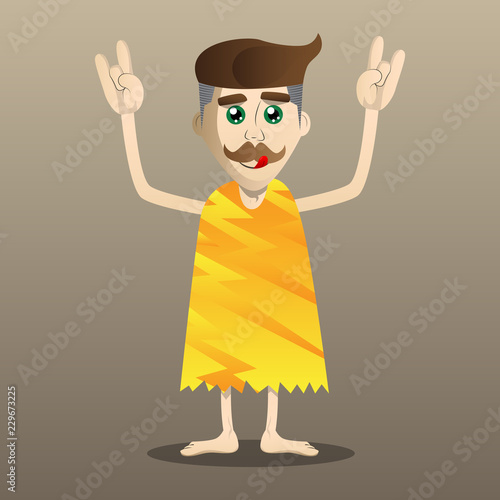 Cartoon caveman with hands in rocker pose. Vector illustration of a man from the stone age.