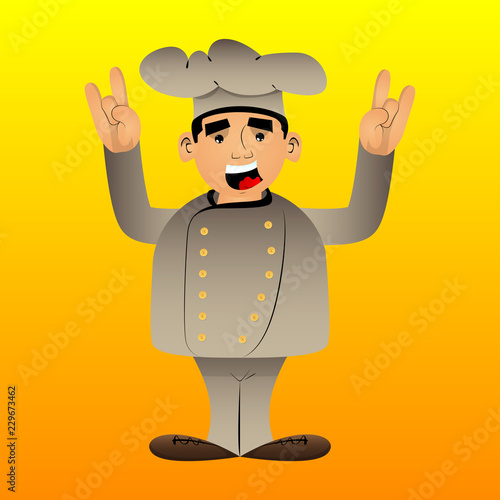 Fat male cartoon chef in uniform with hands in rocker pose. Vector illustration.