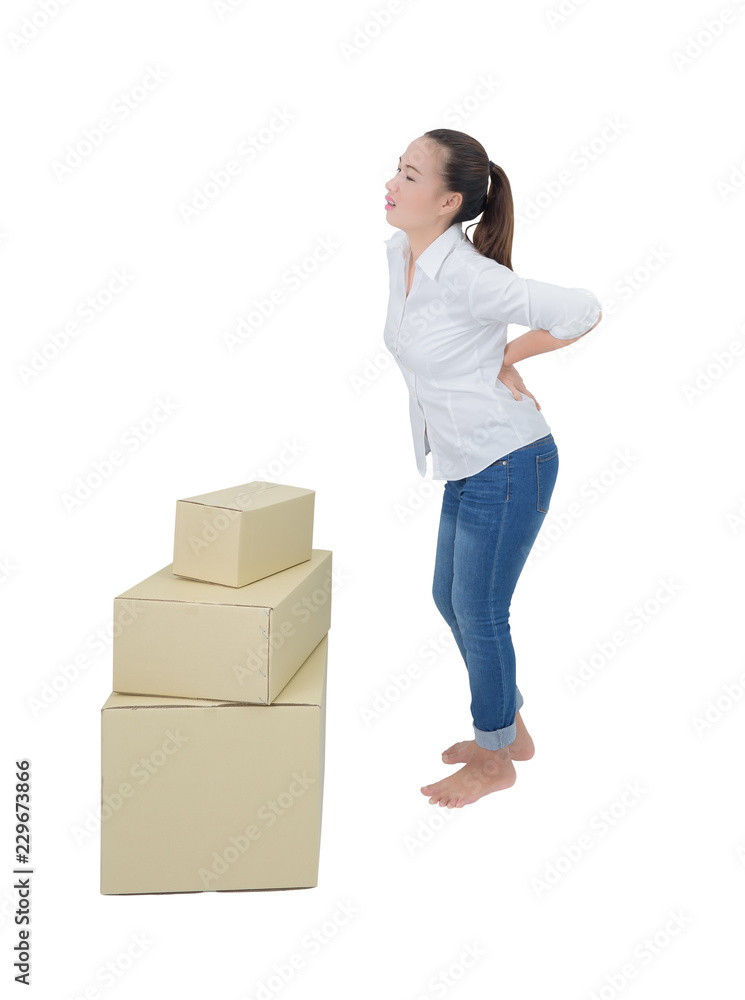 woman suffering from backache while moving boxes isolated on white background woman suffering from backache while moving boxes isolated on white background