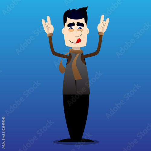 Funny cartoon man dressed for winter with hands in rocker pose. Vector illustration.