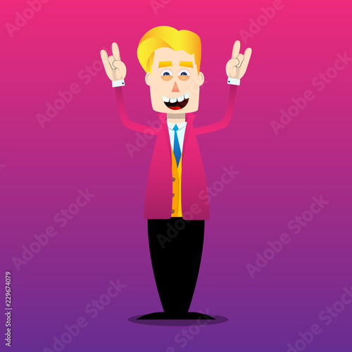 Funny cartoon man dressed for winter with hands in rocker pose. Vector illustration.