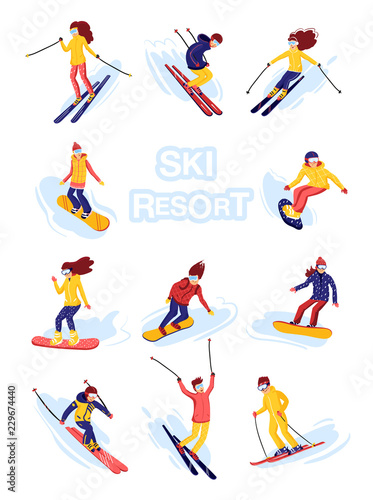 Vector skiers and snowboarders cartoon flat style. Men and women in the ski resort. Winter sport activity. Simple characters. Isolated on white background