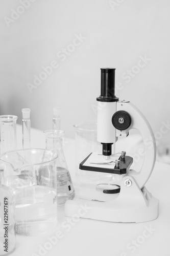 Science microscope laboratory chemical test tube lab glassware equipment. Research and development concept.
