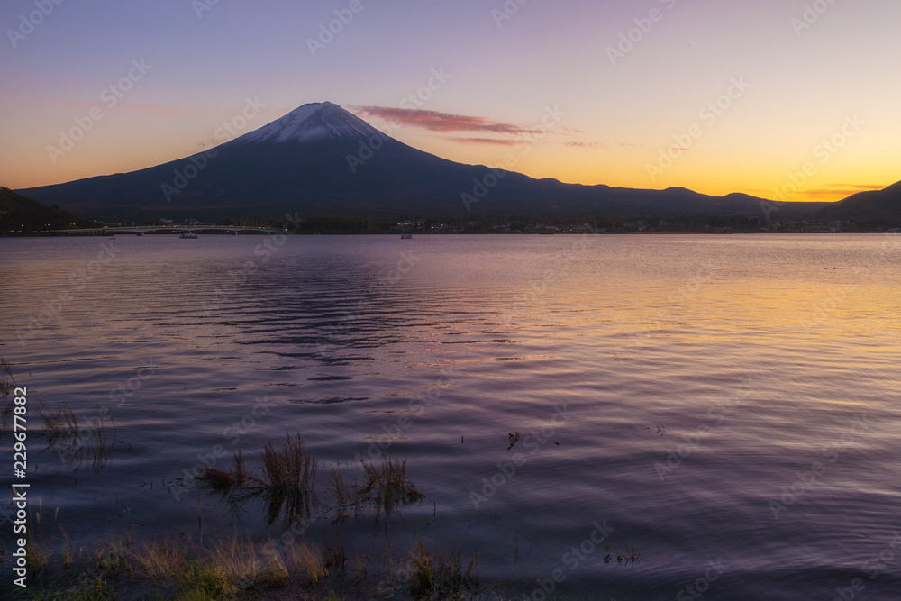 Fuji mountain at Kawaguchiko lake sunset. Mt. Fujisan is one of the landmark and symbol of Japan.