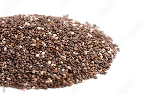Pile of Organic Raw Chia Seeds on a White Background