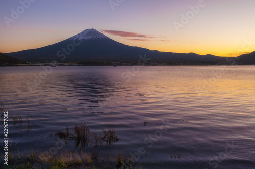 Fuji mountain at Kawaguchiko lake sunset. Mt. Fujisan is one of the landmark and symbol of Japan.