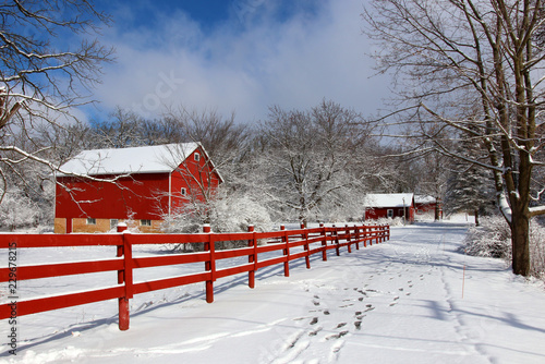 Agriculture and rural life at winter background.Rural landscape with red barn, wooden red fence and trees covered by fresh snow in sunlight. Scenic winter view at Wisconsin, Midwest USA, Madison area.