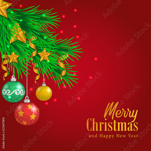 Merry Christmas template for social media with illustration of garland and ball