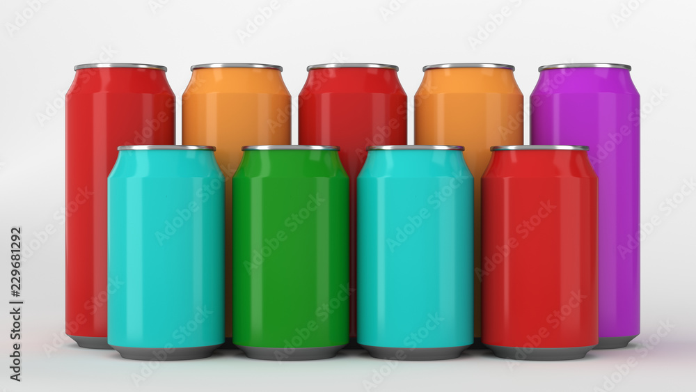 Colorful soda cans standing in two raws on white background Colorful soda cans standing in two raws on white background