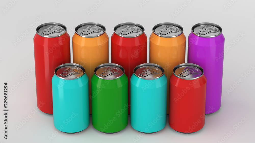 Colorful soda cans standing in two raws on white background Colorful soda cans standing in two raws on white background