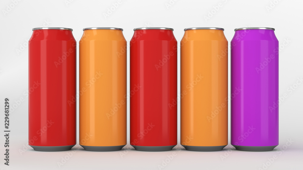 Colorful soda cans standing in two raws on white background Colorful soda cans standing in two raws on white background