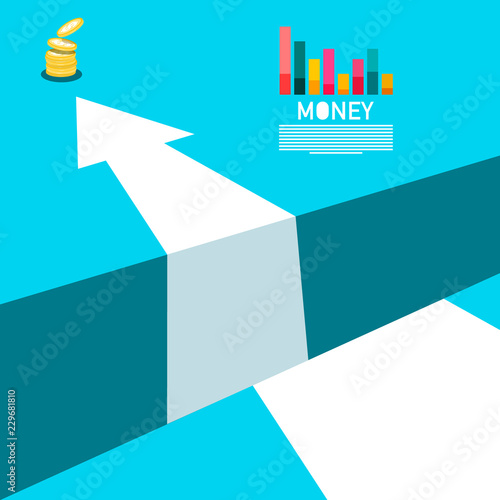 Business Concept with Money Coins, Graph and Big Arrow Over Abyss