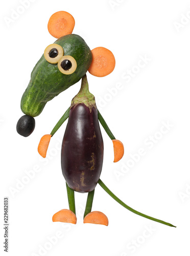 Rat made with cucumber and eggplant on isolated background