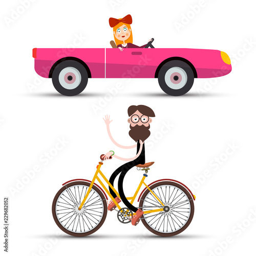 Woman in Pink Cabriolet Car and Mak on Bicycle - Vector Illustration