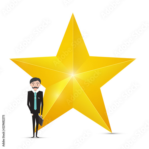 Gold Star Icon and Businessman on White Background. Succesful Company Concept.