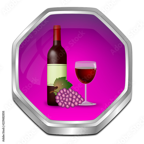 Button with wine bottle, a glass of wine and Grapes - 3D illustration