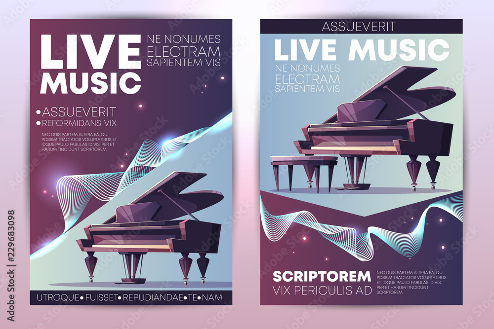 Vettoriale Stock Classical or jazz music festival, symphonic orchestra live  concert, piano virtuoso performance modern design promo poster, flyer  cartoon vector vertical template with grand piano on stage illustration |  Adobe Stock