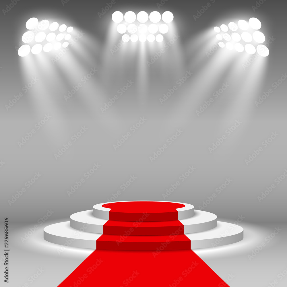 Fototapeta premium Stage podium illuminated scene spotlight party, award ceremony with red carpet. Vector Illustration