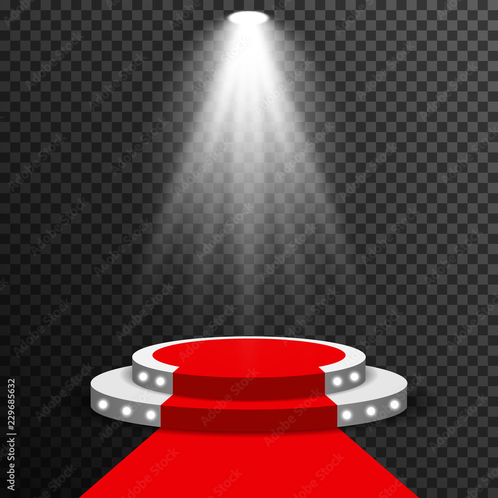 Fototapeta premium Stage podium illuminated scene spotlight party, award ceremony with red carpet. Vector transparent
