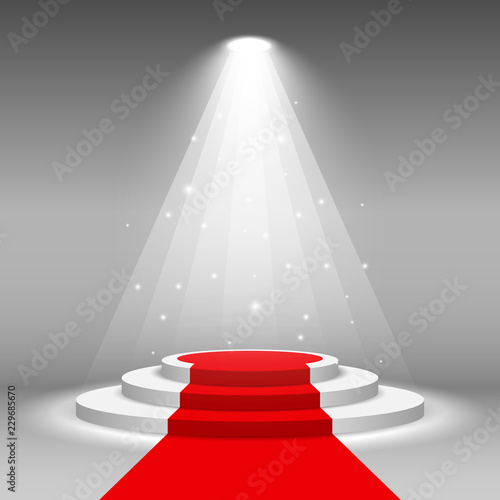 Stage podium illuminated scene spotlight party, award ceremony with red carpet. Vector Illustration