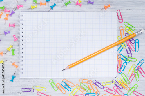 a blank piece of paper in a cage, on the table with a pencil surrounded by multi-colored clips