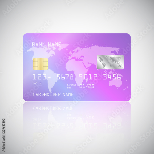 Vector Realistic detailed credit card with the world map on holographic background