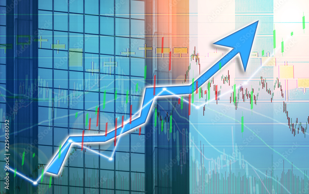 Fototapeta premium Stock index graph and chart in modern building background (blue bull chart)