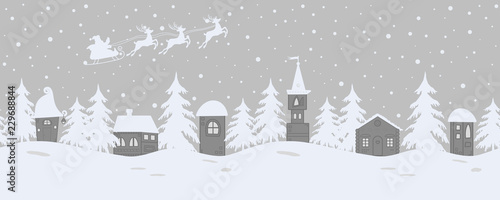 Fairy tale winter landscape. Santa Claus is riding across the sky on deers. There are fantastic lodges and fir trees on a gray background. It can be used as a seamless border. Vector illustration