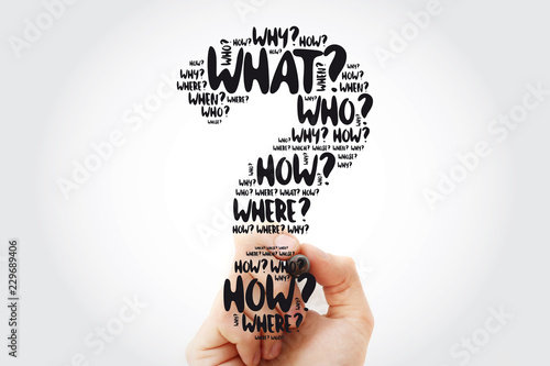 Question mark - Questions whose answers are considered basic in information gathering or problem solving, word cloud with marker