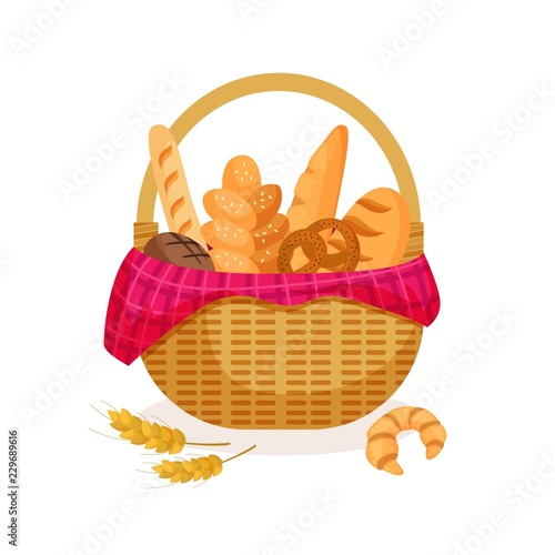 Illustration of a wicker basket with white and fresh bread