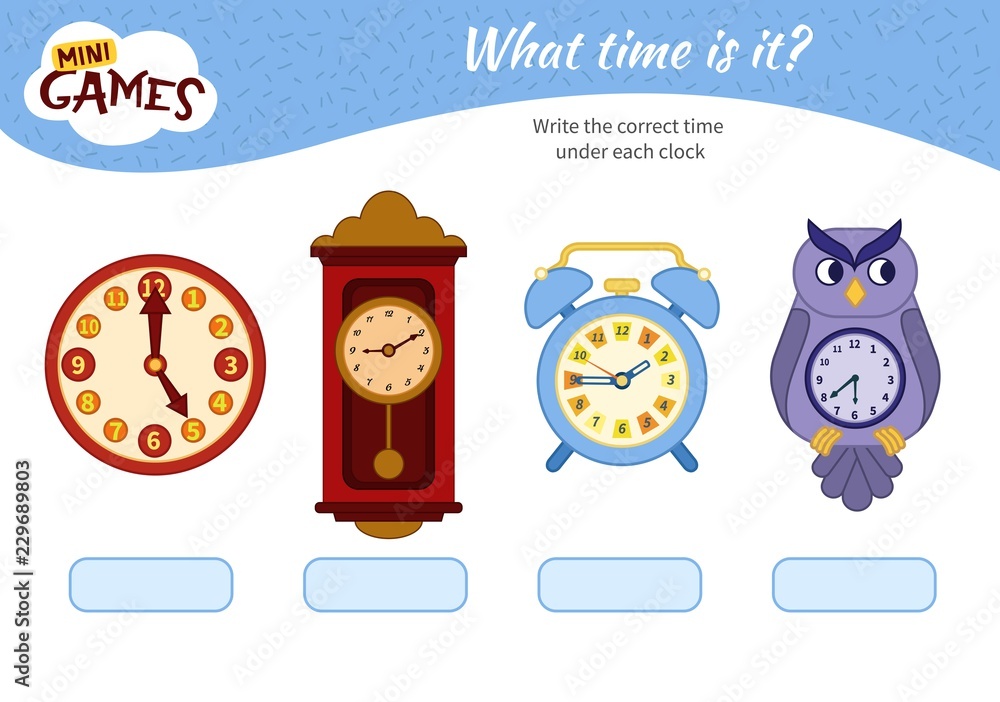 Telling time worksheet. write the time shown on the clock. Cartoon clock.