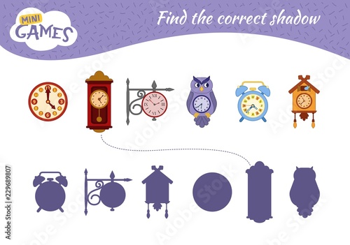 Educational  game for children. Find the right shadow. Kids activity with cartoon clock.