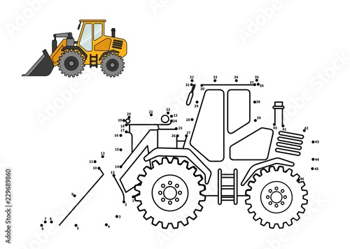 Special equipment. Bulldozer. Connect the dot and color. Game for preschool kids with simple educational gaming level.