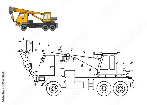 Special equipment. Truck crane. Connect the dot and color. Game for preschool kids with simple educational gaming level.
