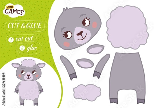 Education paper game for preshool children. Vector illustration. Cartoon cute sheep.