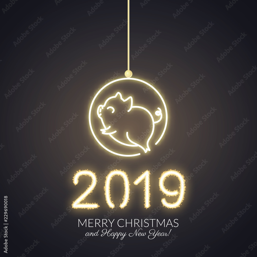 Cute pig neon logo, New year 2019 gold shiny glow design, chinese horoscope symbol, vector illustration