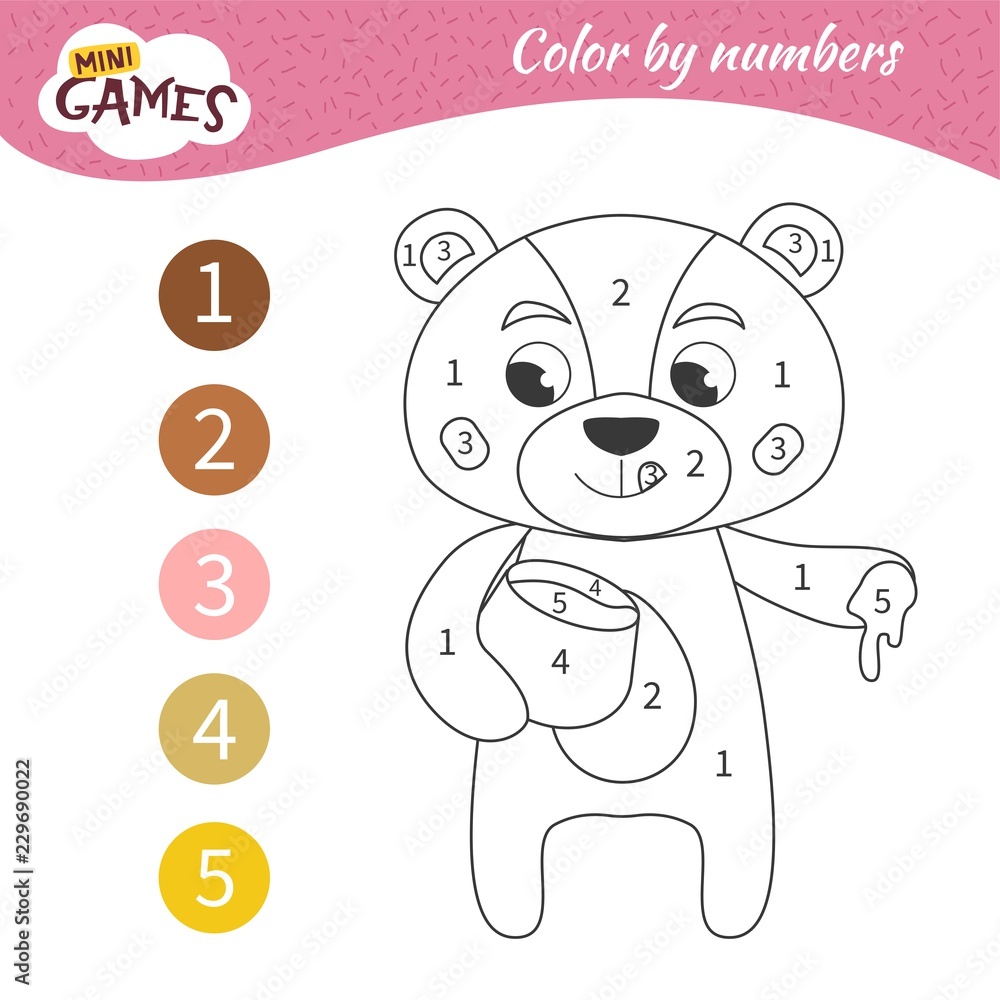 Coloring book for children. Coloring by numbers, Cartoon bear with honey,
