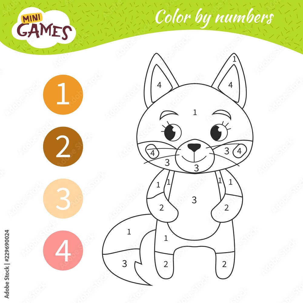 Obraz premium Coloring book for children. Coloring by numbers, Cartoon fox.