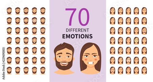 Vector set of cartoon characters with different emotions. Young man and woman.
