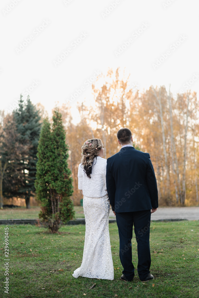 Fototapeta premium the groom and the bride hold hands, wedding day