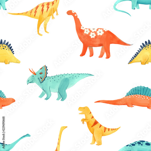 Fototapeta Naklejka Na Ścianę i Meble -  Watercolor dinosaur baby vector pattern